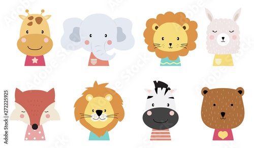 Fototapeta Naklejka Na Ścianę i Meble -  Set of cute animals with giraffe,elephant,lion,llama,fox,zebra and bear.Vector illustration for baby invitation, kid birthday invitation and postcard