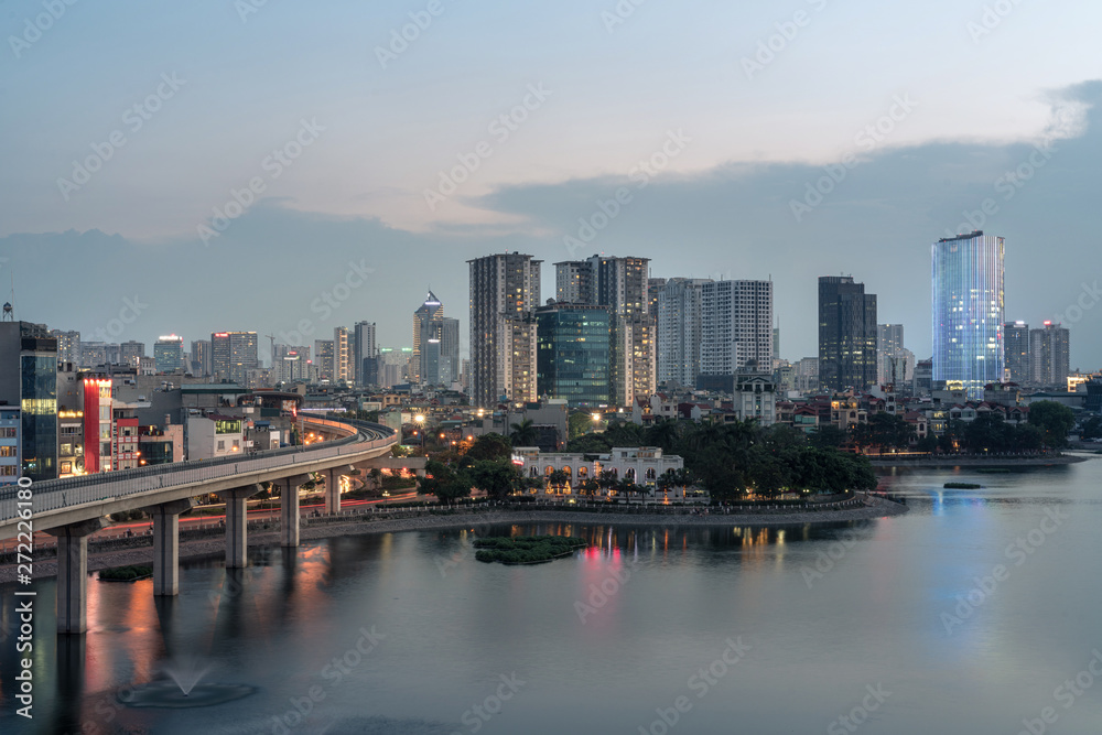 Aerial skyline view of Hanoi at Hoang Cau lake. Hanoi cityscape by sunset period