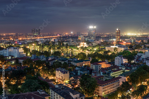 Aerial view of Hanoi cityscape at twilight. Viewing from Ly Thuong Kiet street  south of Hoan Kiem lake
