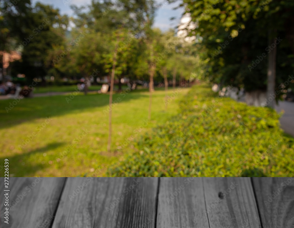 Obraz premium blurred nature park forest background with table
