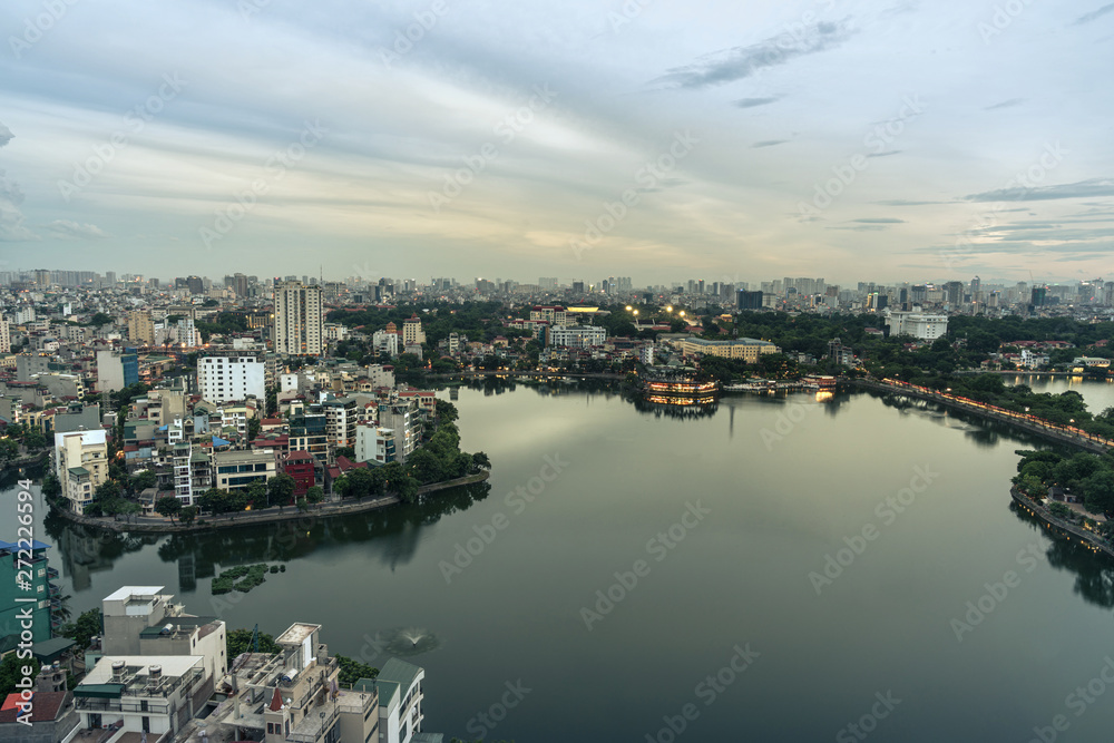 Obraz premium Aerial view of Hanoi skyline at West Lake or Ho Tay. Hanoi cityscape at twilight