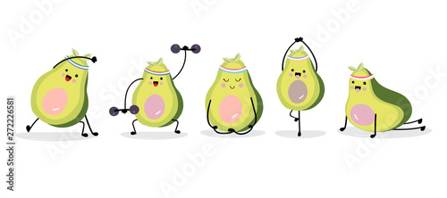 Cute avocado character with exercise. Vector illustration for birthday invitation,postcard and sticker