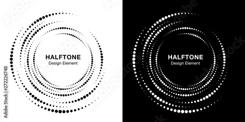 Set of Halftone vortex circle frame dots logo isolated on background. Circular swirl design element for treatment, technology. Incomplete round border Icon using halftone circle dots texture. Vector