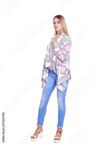 Beautiful woman in blue jeans posing isolated on white background