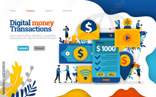 Digital money transaction. sending and taking money only with mobile smartfone. Vector flat illustration concept, can use for, landing page, template, ui, web, homepage, poster, banner, flyer
