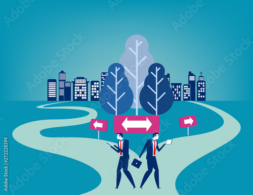Businesss people with crossroad. Concept business vector illustration, Choice, Direction, Flat business cartoon character style deisgn.