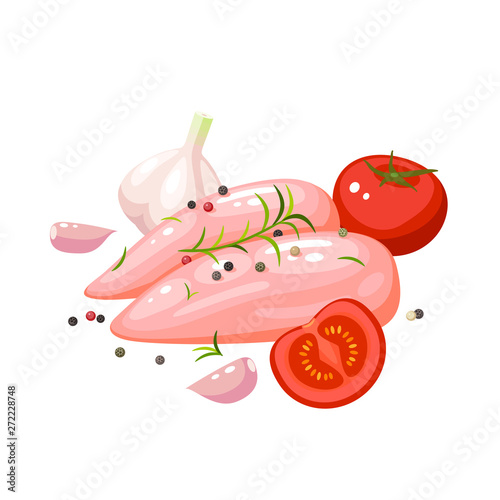 Chicken breast fillet with spices, garlic and tomatoes. Vector illustration cartoon flat icon isolated on white.