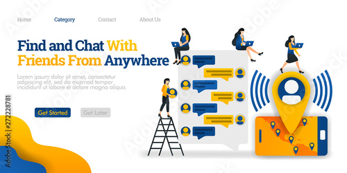 Find and Chat With Friend From anywhere. find and communicate with friends from all over the world. Vector flat illustration concept, can use for, landing page, template, ui, homepage, poster, banner