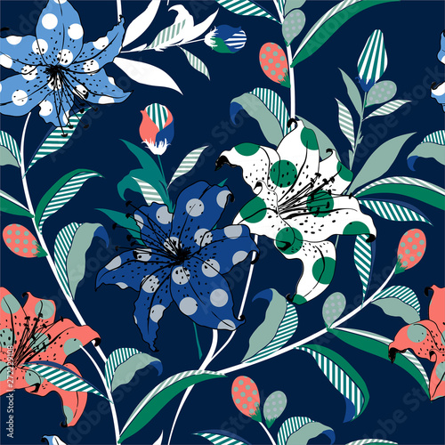 Beautiful Hand drawing colorful lily and wild florals fill-in with polkadots pop art style modern stylish for fashion and all prints