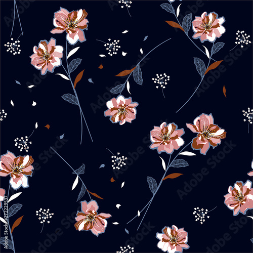 Beautiful florals and unique meadow flowers blowing in the wind seamless pattern in vector design for fashion ,fabric,web,wallpaper and all prints