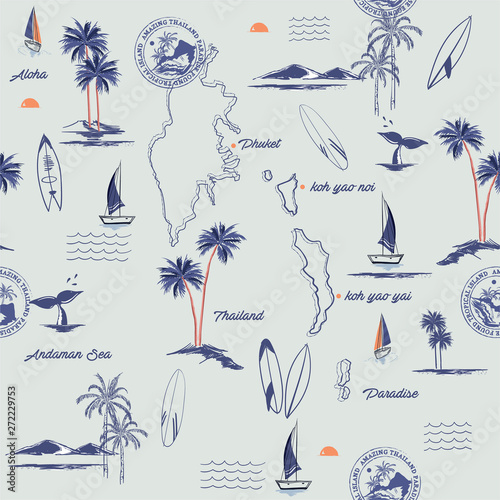 Seamless island pattern . Landscape of Phuket island in thailand with palm trees,beach and ocean vector hand drawn style.