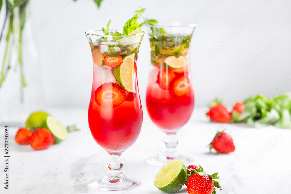Pink lemonade with strawberries, lime, basil and mint Pink lemonade with strawberries, lime, basil and mint