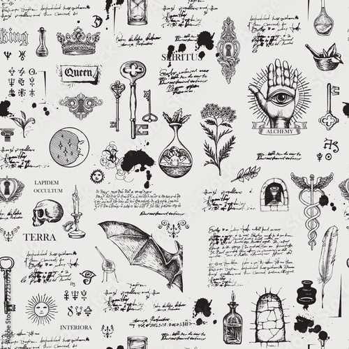 Vector seamless background on the theme of alchemy, magic, witchcraft and mysticism with various esoteric and occult symbols, sketches, blots. The Latin words Spirit, Land, Secret, Interior, Stone