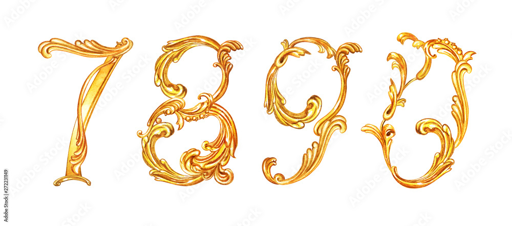 Golden numbers 7,8,9,0 in baroque style, watercolor painting on white background, isolated. - obrazy, fototapety, plakaty 