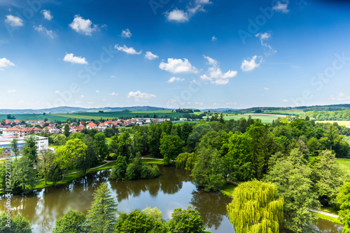 Aerial view of the Telc city and czech countryside.
