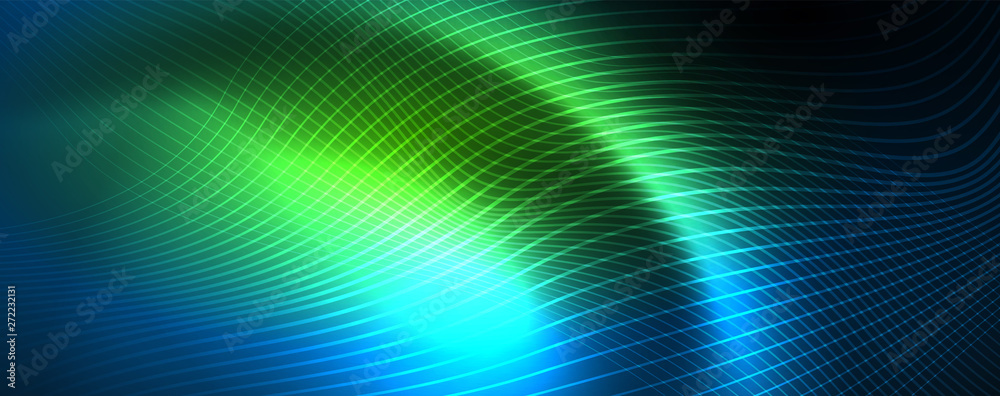 Obraz premium Smooth wave lines on blue neon color light background. Glowing abstract wave on dark, shiny motion, magic space light