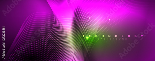 Shiny neon lines template - northern lights glowing blur lines. Futuristic style glow neon 80s disco club or night party techno template