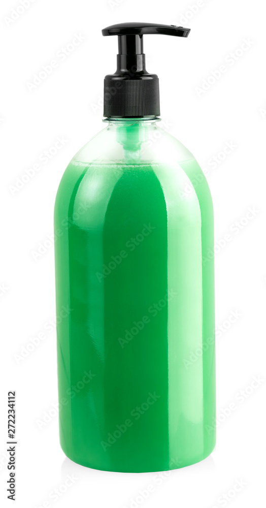 Fototapeta premium The Liquid container for gel, lotion, cream, shampoo, bath from pink cosmetic plastic bottle with black dispenser pump.