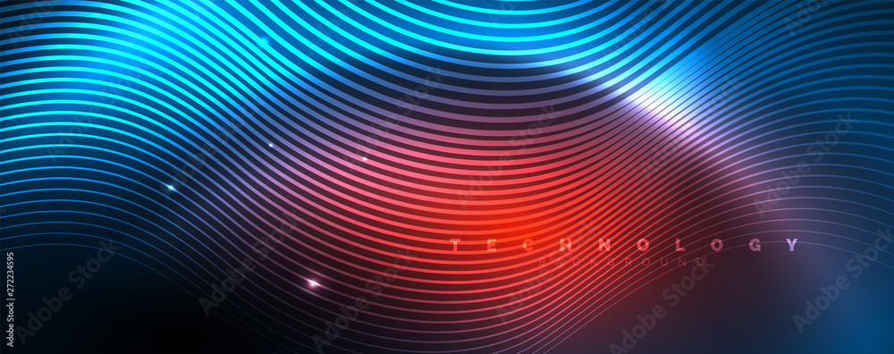 Trendy neon blue abstract design with waves and circles. Neon light glowing effect. Abstract digital background. Trendy neon blue abstract design with waves and circles. Neon light glowing effect. Abstract digital background.