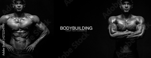 Sport wallpaper and motivation concept. Strong athletic bodybuilder at gym on black background. Fitness and bodybuilding nutrition ad poster. © Mike Orlov