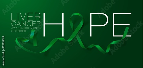 Hope. Liver Cancer Awareness Calligraphy Poster Design. Realistic Emerald Green Ribbon. October is Cancer Awareness Month. Vector