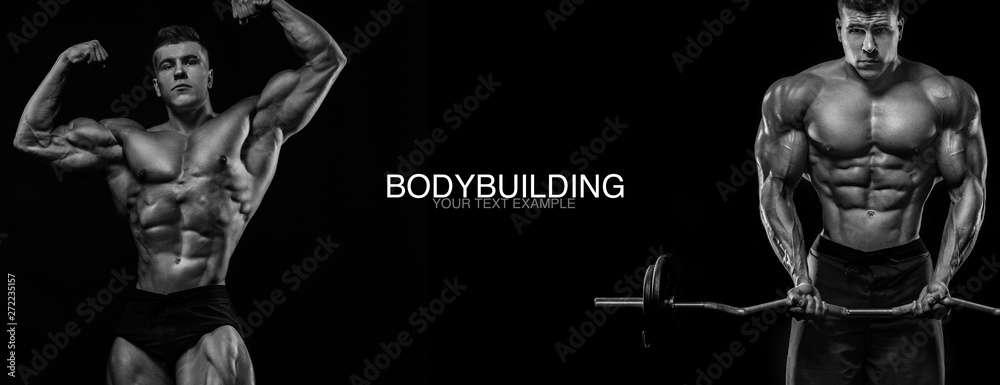 Sport wallpaper and motivation concept. Strong athletic bodybuilder at gym on black background. Fitness and bodybuilding nutrition ad poster.