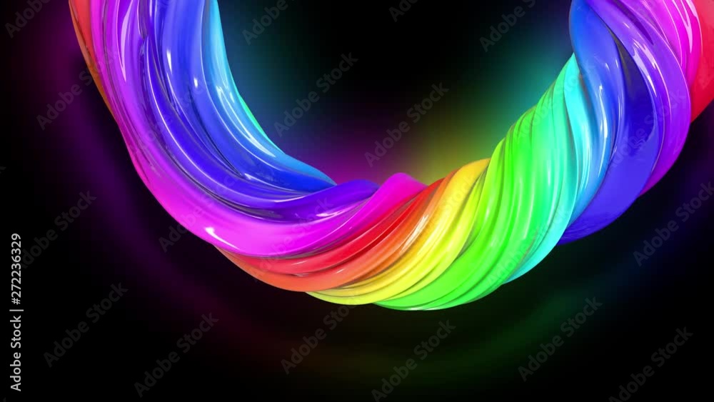 Abstract colorful creative background with stream of mixed oil paints that form a ribbon of rainbow colors. Paint flow moves in a circle. looped 3d animation in 4k with luma matte as alpha channel. 6