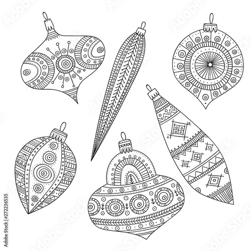 Vector Christmas coloring tree decoration baubles line art