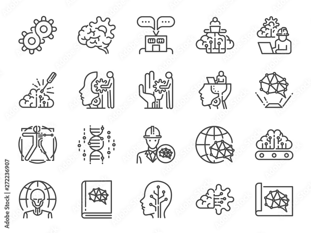 AI engineer line icon set. Included icons as artificial intelligence, robotics, machine learning, robot, automation, humanoid and more.