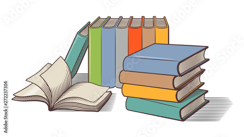 A lot of books lying on a table. Colored retro style vector image