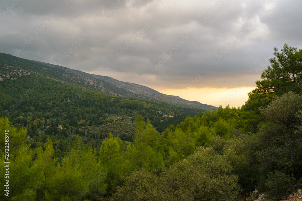 Mountain Hymettus (Ymittos) Kesariani aesthetic forest on a cloudy day