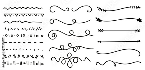Hand drawn set of lines.Marker line divider, handmade pencil strokes brush and drawing dividers.Curve frame, decoration borders or floral ornament ink dividing isolated elements.Vector illustration. 