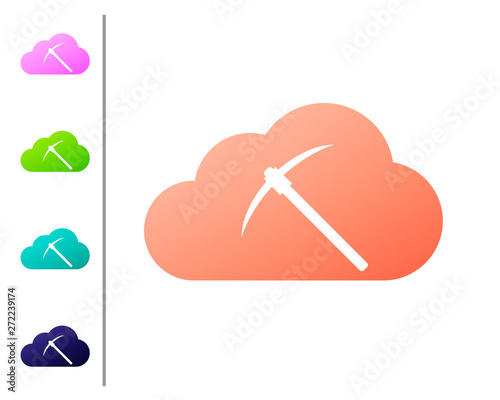 Coral Cryptocurrency cloud mining icon isolated on white background. Cloud with pickaxe, bitcoin, altcoins, digital money market, cryptocoin wallet. Set color icons. Vector Illustration