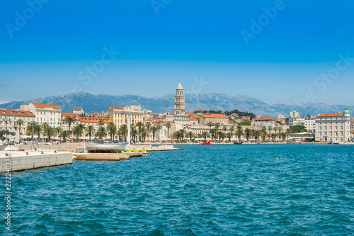 City center, cathedral tower, boats and yachts in marina of Split, Croatia, largest city of the region of Dalmatia and popular touristic destination, beautiful seascape photo