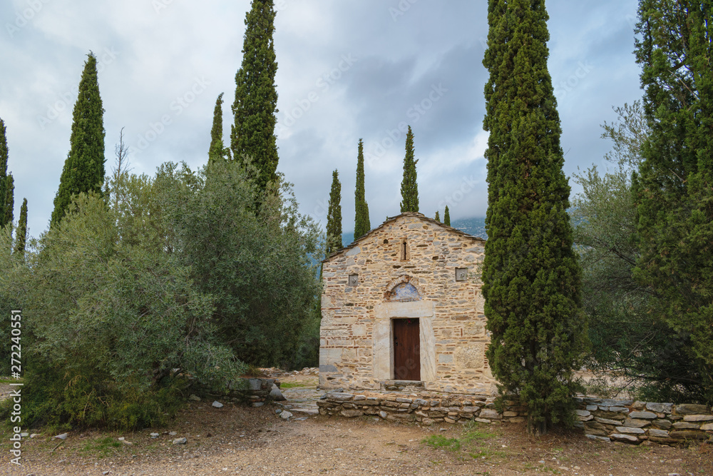 Byzantine monastery at Kesariani aesthetic forest on mountain Hymettus (Ymittos)