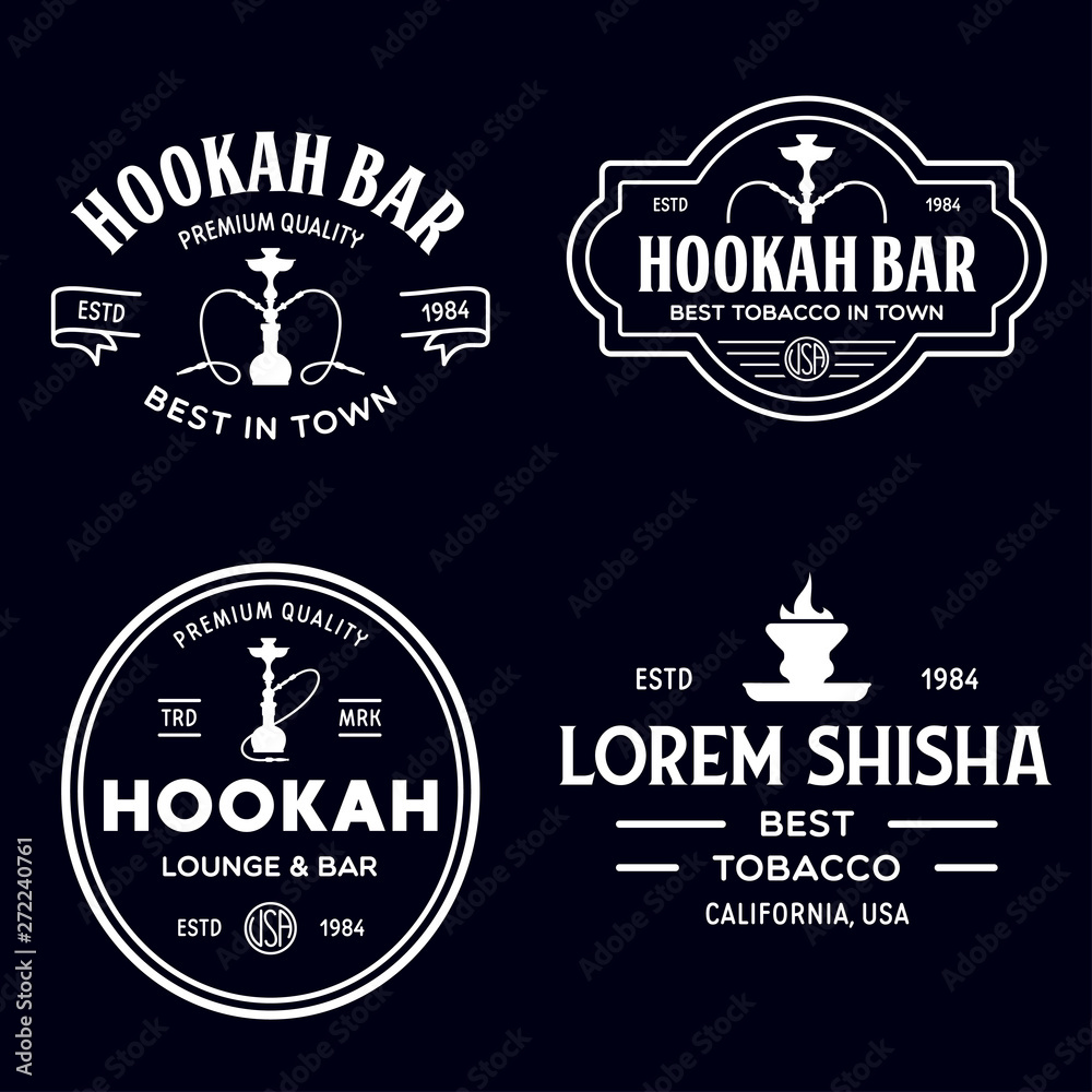 Set of hookah labels, badges and design elements. Hookah club. Shisha bar. Hookah lounge logo. Hookah pipes. Set of hookah labels, badges and design elements. Hookah club. Shisha bar. Hookah lounge logo. Hookah pipes.