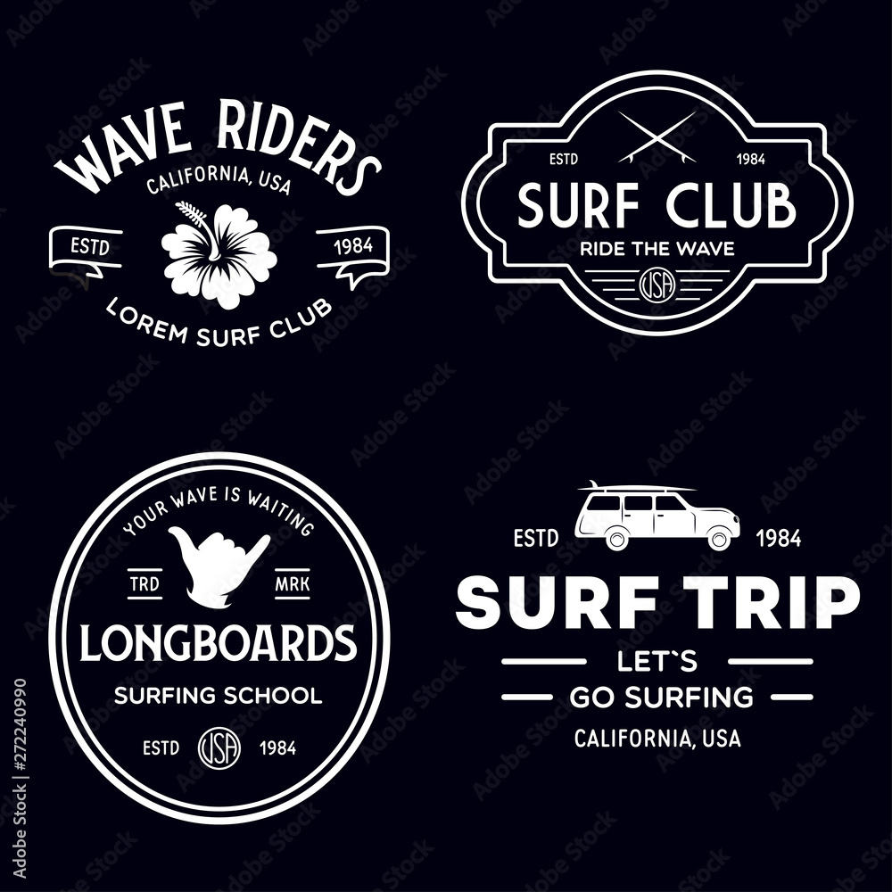 Fototapeta premium Vintage Surfing Emblems for web design or print. Surfer logo templates. Surf Badges. Summer fun. Surfboard elements. Outdoors activity - boarding on waves.