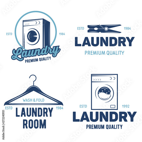 Set of labels or logos for laundry service. Vector emblems and design elements. Laundry logo and household wash templates and badges.