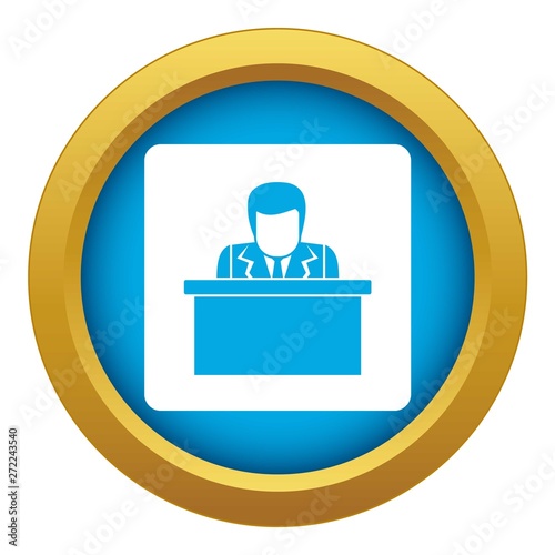 Orator speaking from tribune icon blue vector isolated on white background for any design