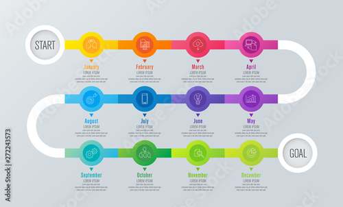 12 months timeline infographics design vector and business icons.