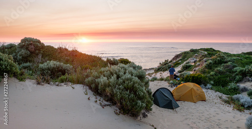 Camping on a beach at sunset, Margaret River, Western Australia, Australia