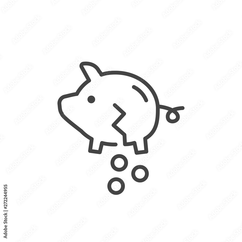Piggy money savings icon. Broken piggy money in trendy outline style isolated on white background Piggy money savings icon. Broken piggy money in trendy outline style isolated on white background