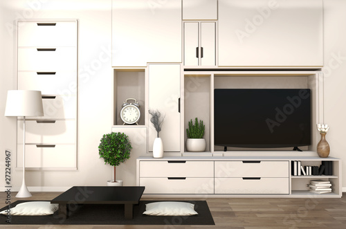 TV on cabinet in japanese modern living room with low table,lamp and plant on white wall background,3d rendering