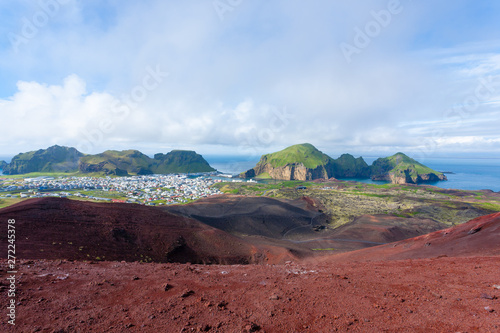 Heimaey town aerial view from Eldfell volcano. photo