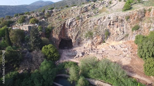 Aerial view of Cave of Banias, Hermon River, ancient ruins. Israel. DJI-0018-03