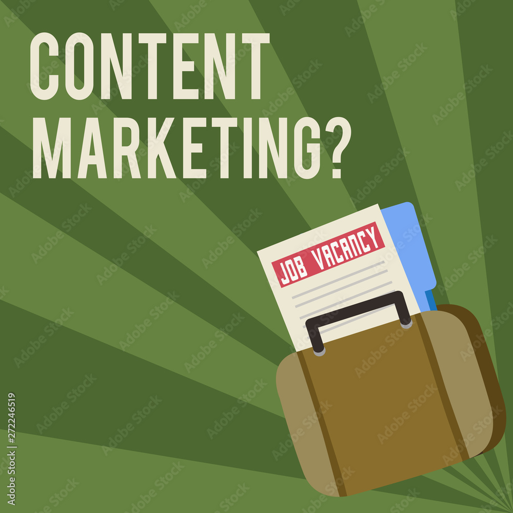 Naklejka premium Conceptual hand writing showing Content Marketing Question. Concept meaning involves creation and sharing of online material Announcement File for Employment Opportunity with Briefcase
