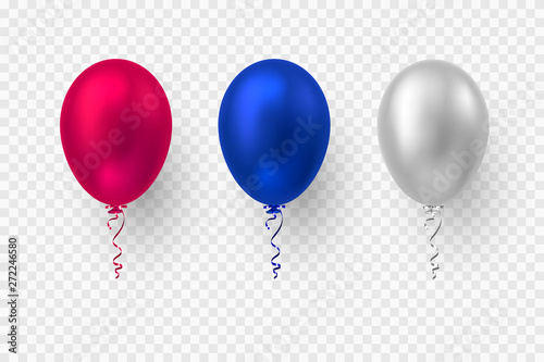 Realistic 3d glossy balloons in red, blue and white colors. Vector elements for national holiday backgrounds or birthday party. Isolated on transparent.