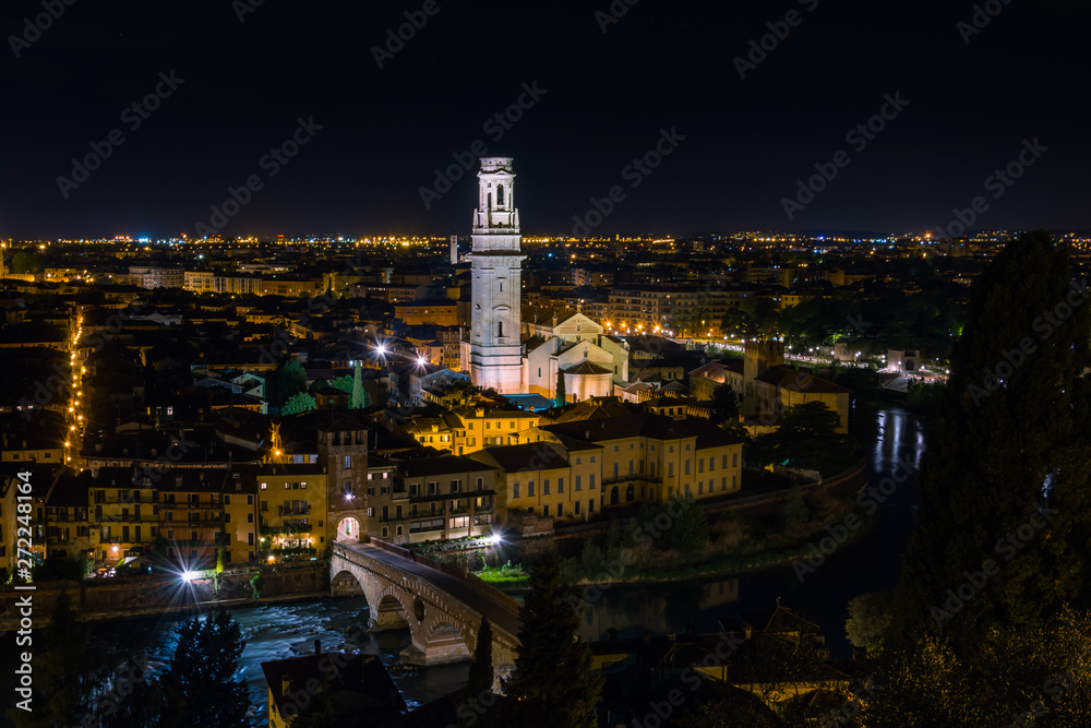 Night view of Verona Cathedral taken from Castel San Pietro