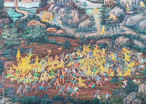 Art wall on the myth of Ramayana story in the grand palace of bangkok Thailand 