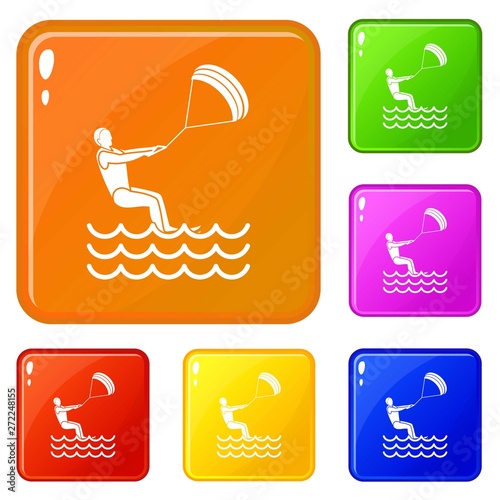 Man takes part at kitesurfing icons set collection vector 6 color isolated on white background